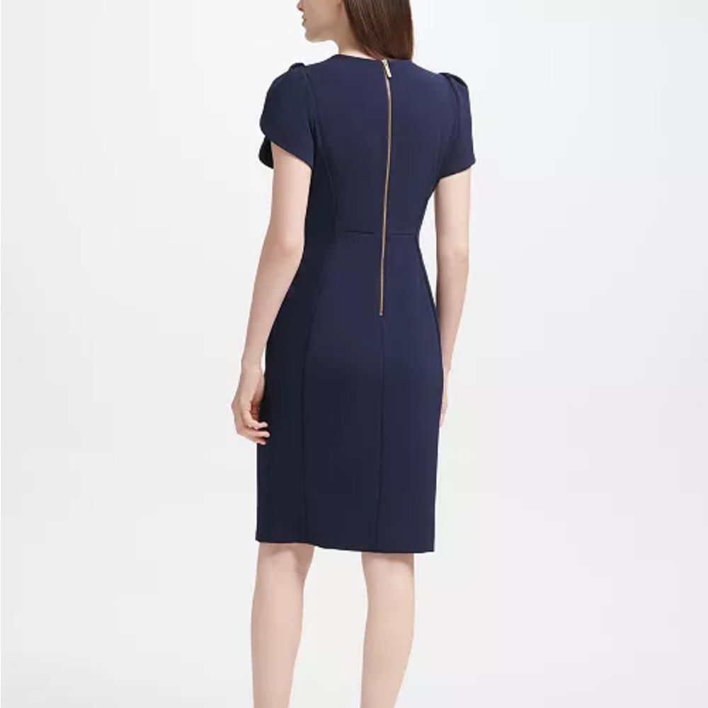 Calvin Klein Blue Sheath Dress Tulip Sleeve Knee Length Scuba Stretch, Sz 6 NWT - Picture 13 of 14